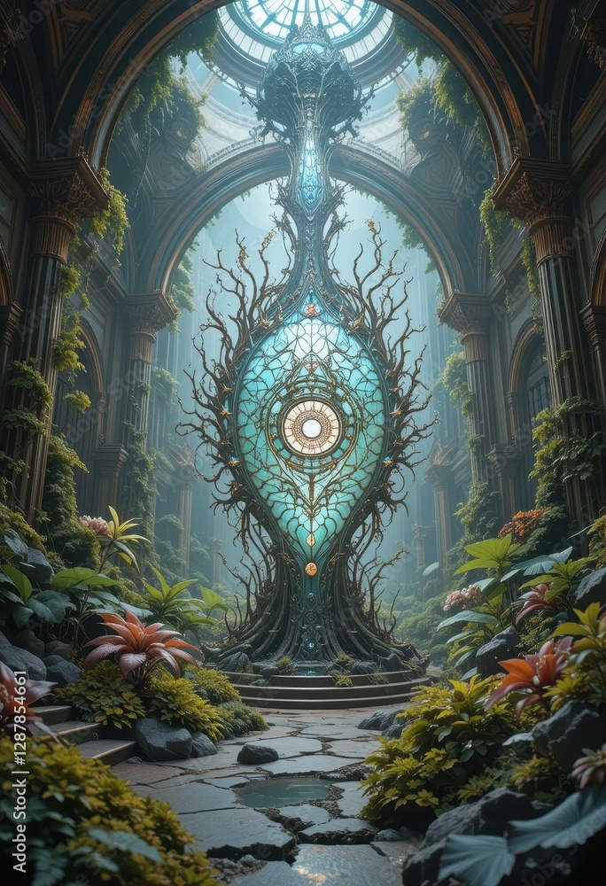 Obraz premium Enchanting Glass Orb Shrine in a Lush overgrown Ancient Temple Garden Fantasy Landscape