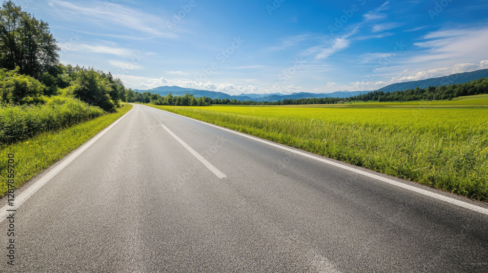 Wide road into distance, flanked by green fields and blue sky. High-definition, horizontal composition. Serene beauty. Wide road into distance, flanked by green fields and blue sky. High-definition, horizontal composition. Serene beauty.