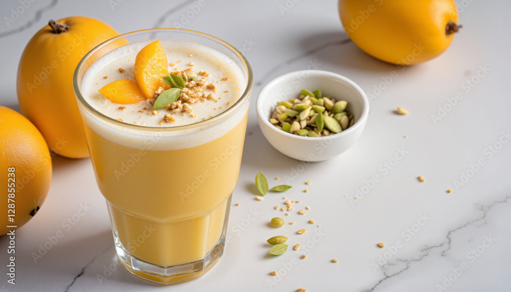 Luxurious mango milkshake in crystal glass with creamy texture on marble table Luxurious mango milkshake in crystal glass with creamy texture on marble table
