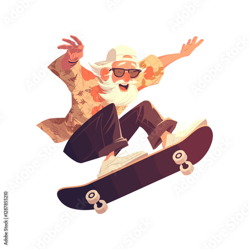 Vector elderly senior man on skateboard. Crazy old grandfather skateboarding active aging cartoon 
skateboarder vector illustration isolated sport, recreation, skater hobby concept.