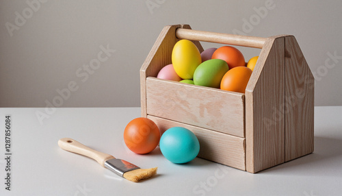 Colorful Easter eggs arranged in a wooden toolbox with a paintbrush, perfect for DIY projects photo