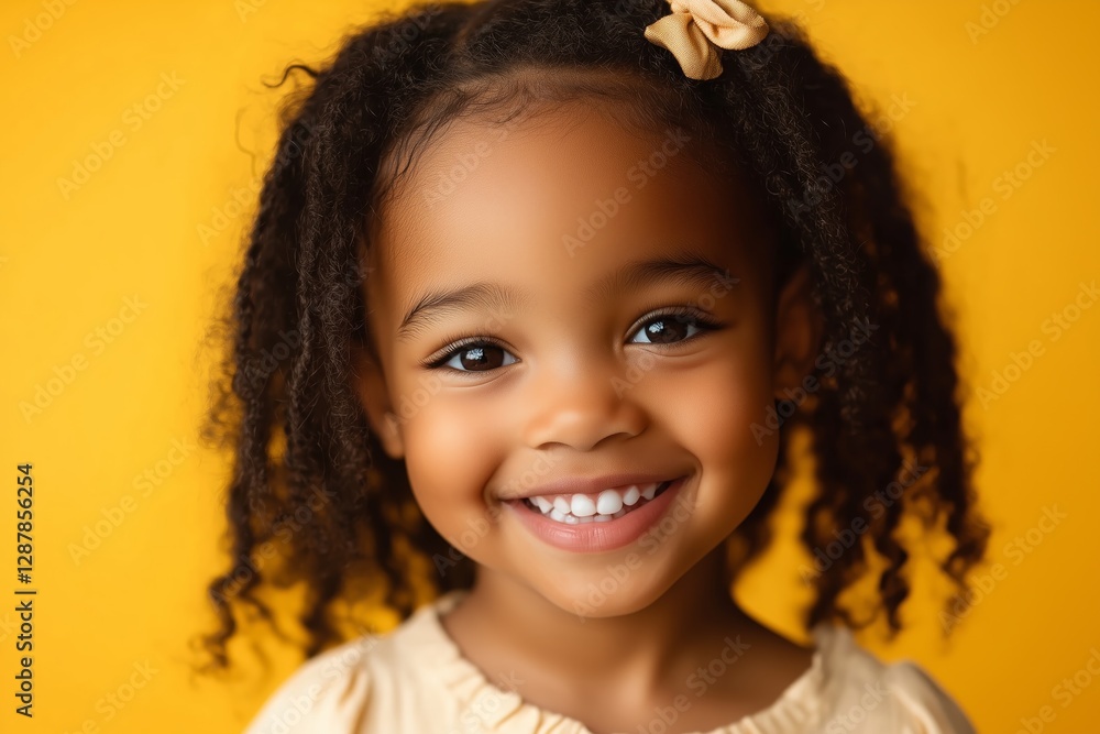 Joyful young African-American girl grinning against a vibrant yellow backdrop Joyful young African-American girl grinning against a vibrant yellow backdrop