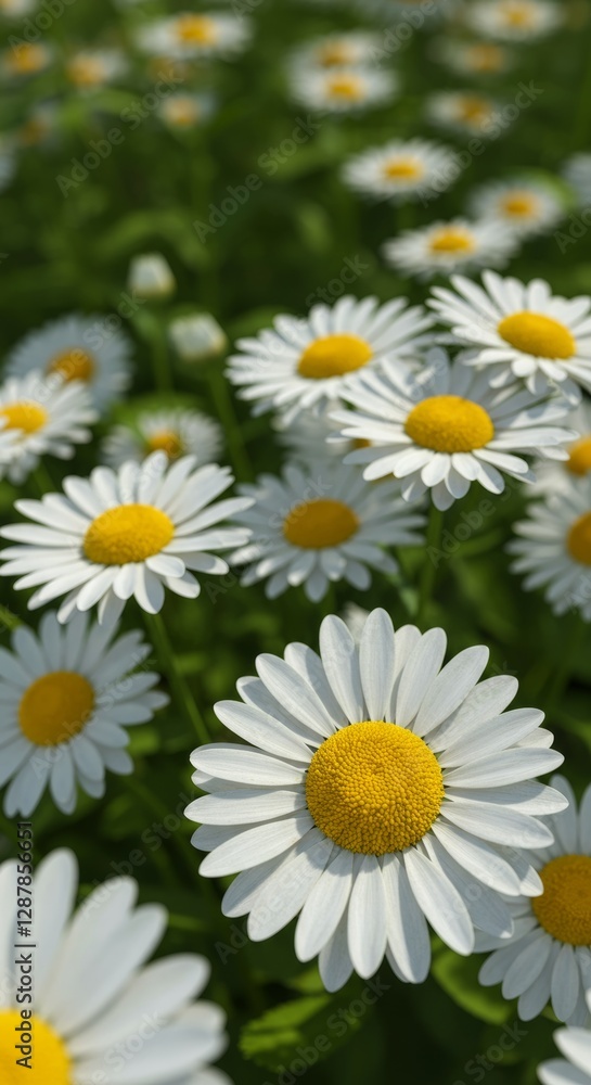 Photorealistic field of daisies with overlapping petals and macro details Photorealistic field of daisies with overlapping petals and macro details