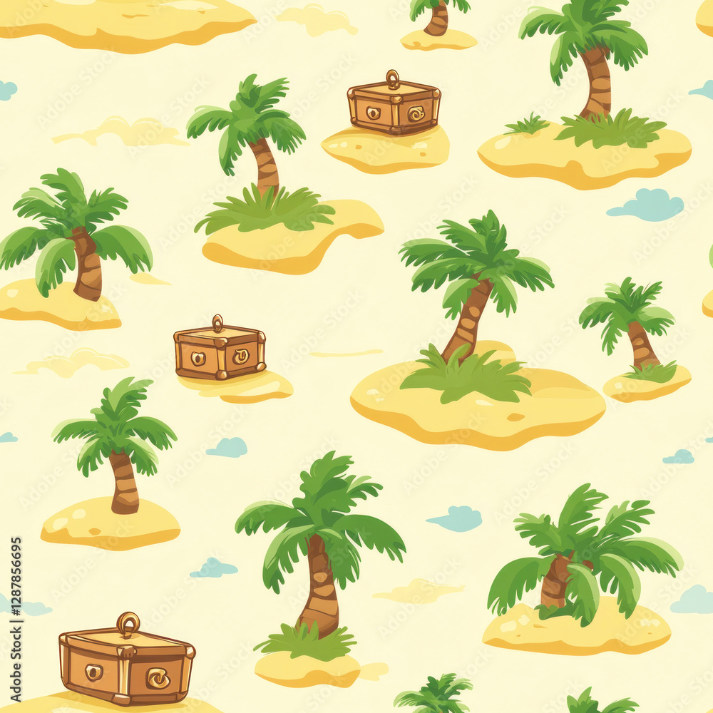 Fototapeta premium Palm trees, treasure chests on islands repeating. Beachy yellow background with pastel clouds pattern