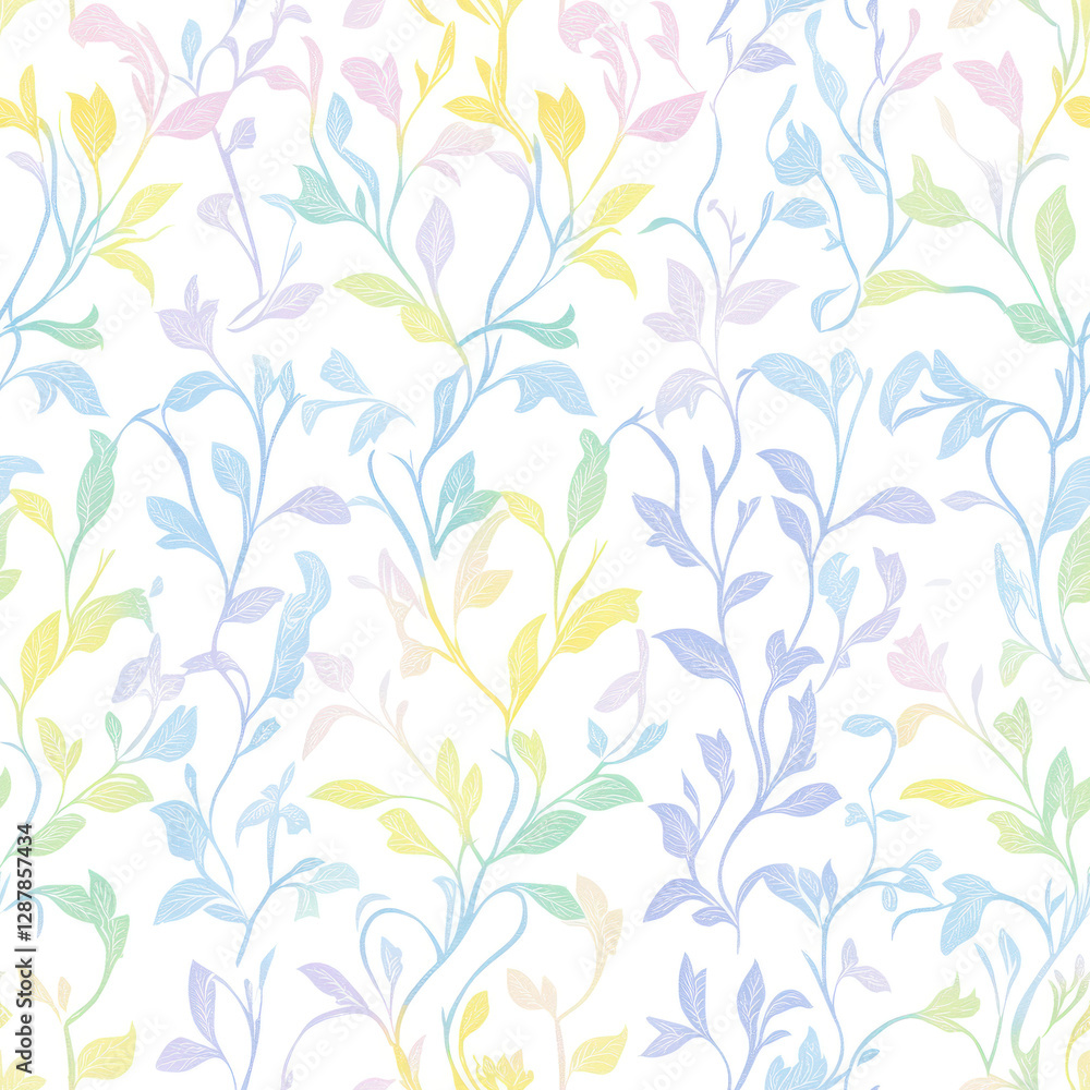 Pastel foliage entwined. Leafy branches and swirling vines on a white backdrop form an elegant floral pattern Pastel foliage entwined. Leafy branches and swirling vines on a white backdrop form an elegant floral pattern