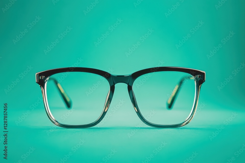 Stylish eyeglasses are centered against a solid green background Stylish eyeglasses are centered against a solid green background