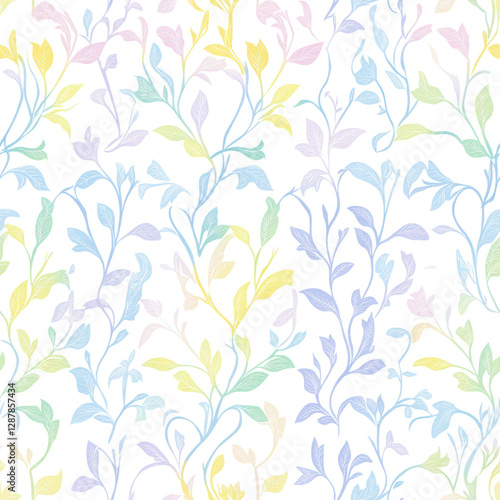Wallpaper Mural Pastel foliage entwined. Leafy branches and swirling vines on a white backdrop form an elegant floral pattern Torontodigital.ca
