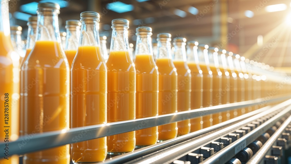 Rows of glass bottles filled with fresh orange juice moving on a conveyor belt in a factory. Rows of glass bottles filled with fresh orange juice moving on a conveyor belt in a factory.