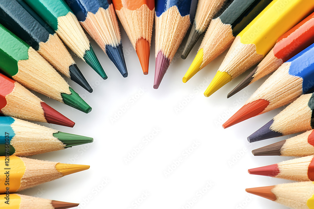 A circular arrangement of colored pencils on a white background. A circular arrangement of colored pencils on a white background.