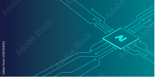 Abstract circuit board AI isometric. Background tehcnology artificial intelligence 3D and connecting lines. Vector illustration.