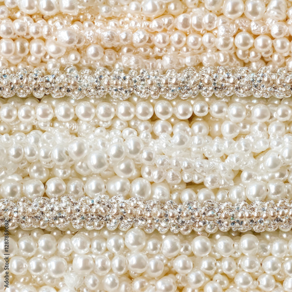 Pearls gleam, cascading with crystal trim, creating a textured background with bright light effects Pearls gleam, cascading with crystal trim, creating a textured background with bright light effects