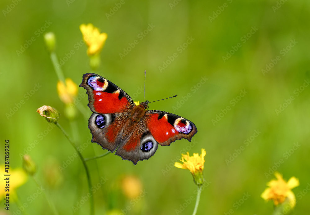Portrait of the peacock butterfly. Insect close-up in nature. Aglais io. European peacock.
Portrait of the peacock butterfly. Insect close-up in nature. Aglais io. European peacock.