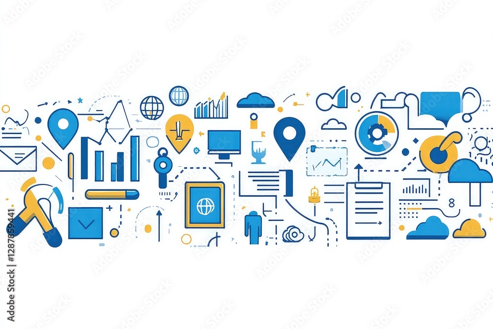 A creative banner with blue-colored line art marketing icons, perfect for business presentations. A creative banner with blue-colored line art marketing icons, perfect for business presentations.