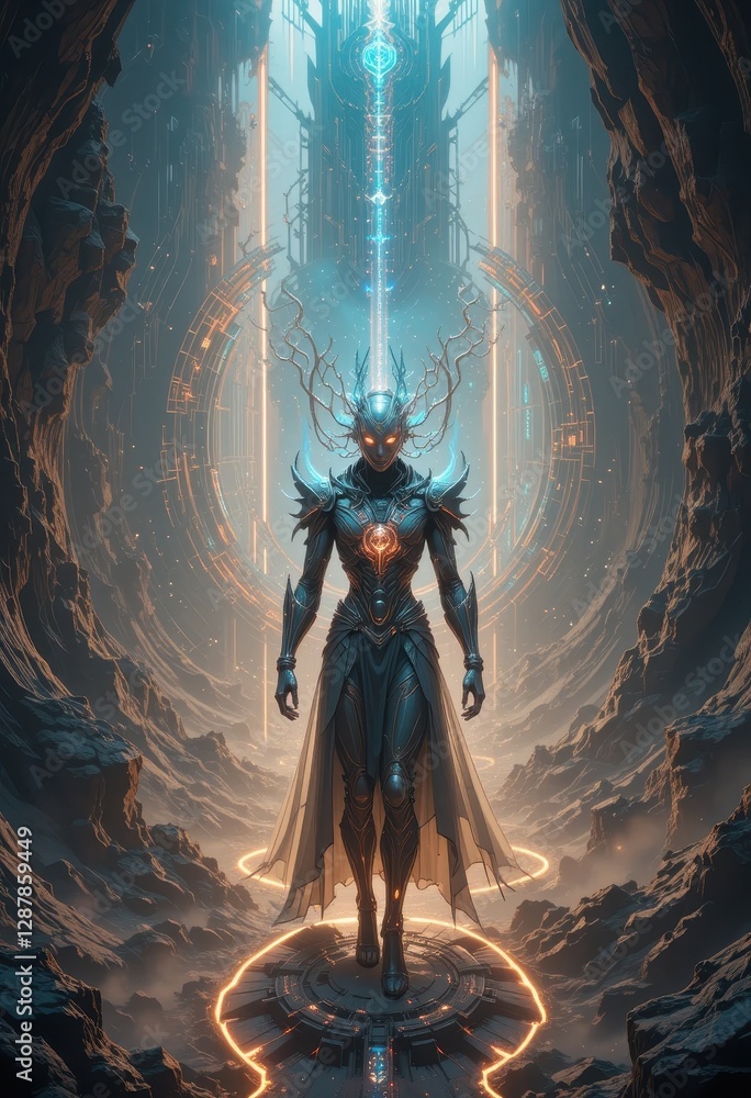 Naklejka premium Futuristic Female Warrior in Armor Walking Through a Mystical Digital Landscape