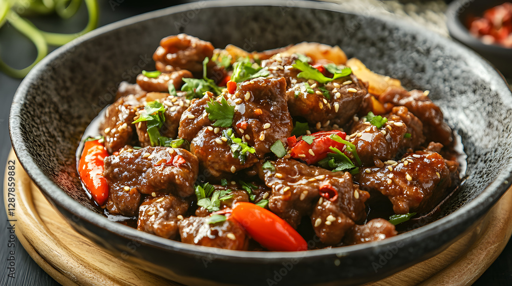 Stir-fried beef with chili on a plate Stir-fried beef with chili on a plate