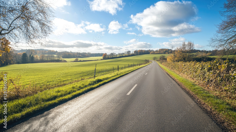 Wide road into distance, flanked by green fields and blue sky. High-definition, horizontal composition. Serene beauty.