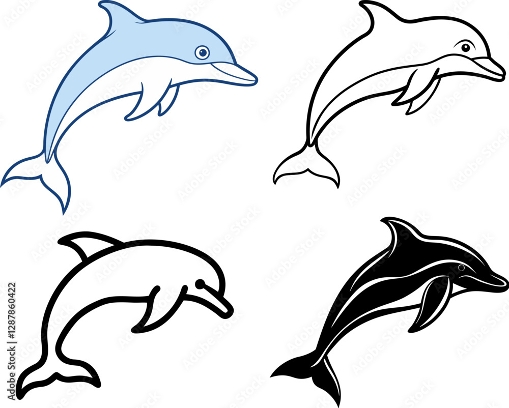 Obraz premium Dolphin Clipart Set: Colorful, Outline, and Silhouette Designs