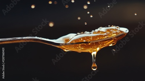 Close-Up of Honey Dripping from Silver Spoon Against Dark Background