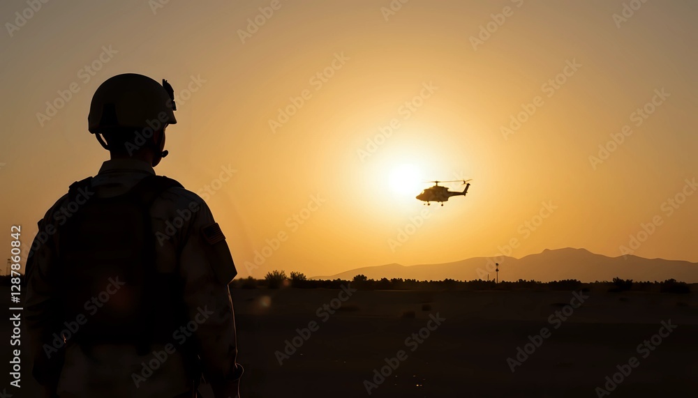 Fototapeta premium Soldier watches helicopter silhouette against a dramatic sunset sky