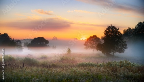  Foggy landscape at dawn, with early morning mist rolling over a quiet, natural scene. _1(424)