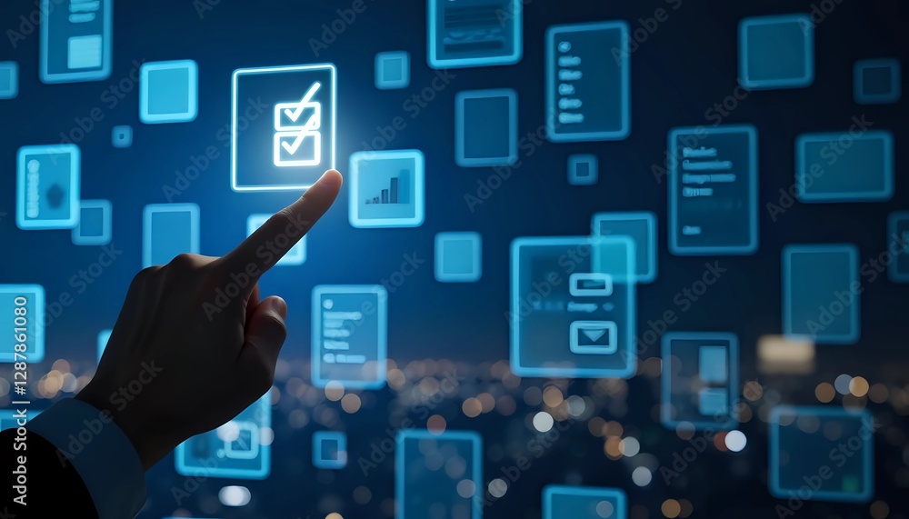 Finger touching a checklist icon on a digital interface with city bokeh background Finger touching a checklist icon on a digital interface with city bokeh background