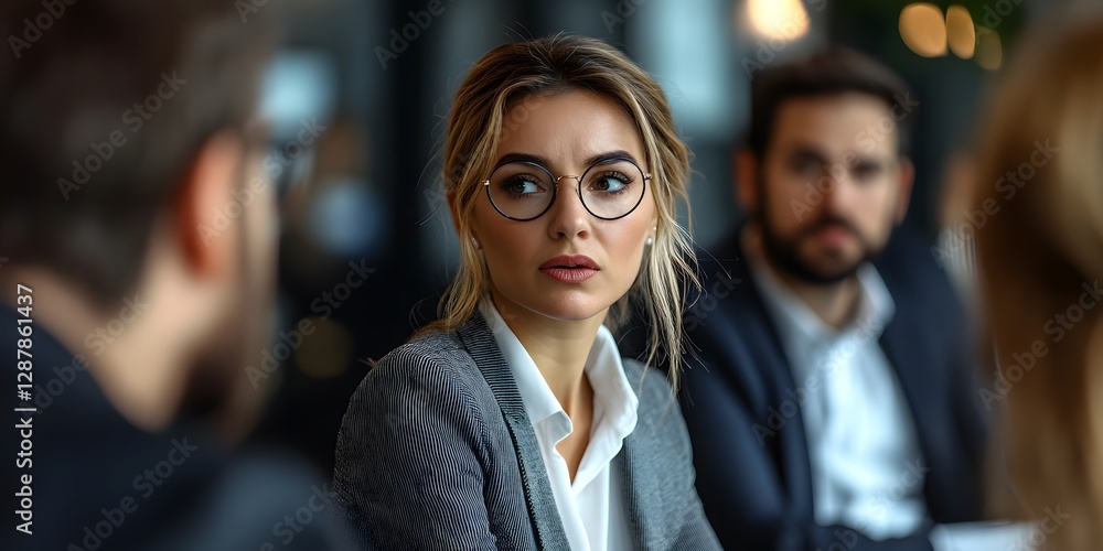 Fototapeta premium Woman wearing glasses with a thoughtful expression in a bright environment reflecting confidence and intellectual curiosity