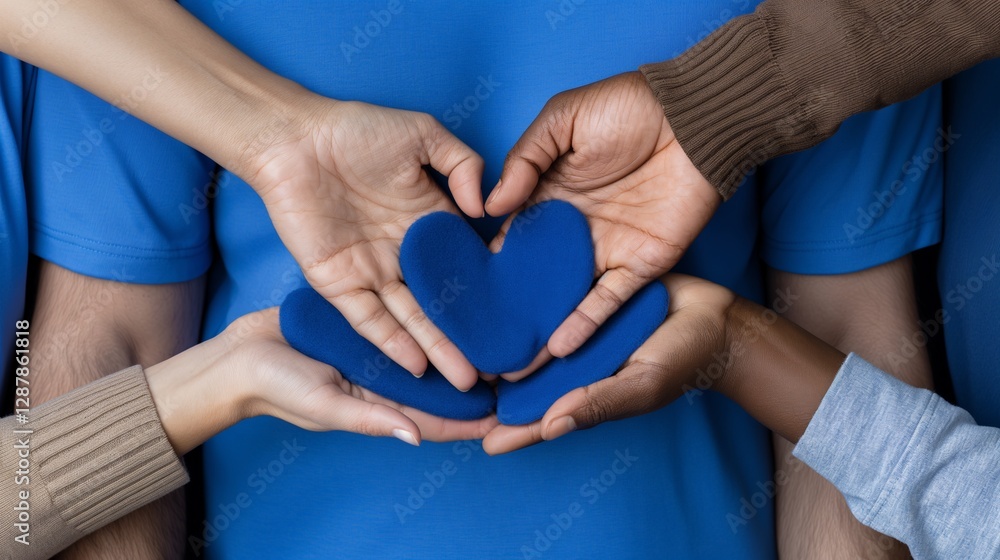 Diverse hands holding blue hearts symbolizing unity and love Diverse hands holding blue hearts symbolizing unity and love