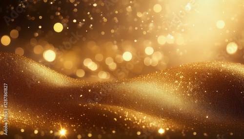 Abstract glittering gold background with soft glowing lights and shimmering particles, gold, particles