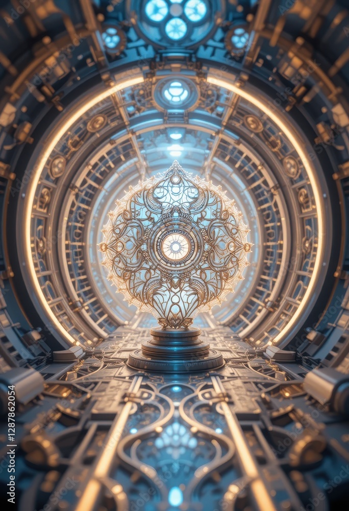 Fototapeta premium Intricate Golden Ornament in a Futuristic Metal Corridor Sci fi Architectural Design