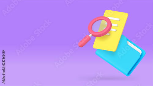 Report paper document file folder research analyzing banner copy space vector illustration. Data information management archive administration examining inspection magnifying glass and paper list