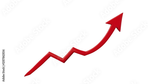 A minimalist red upward arrow graph with a smooth rising curve, symbolizing improvement and achievement, cut out and isolated on a transparent background.
