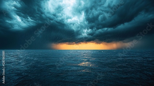 Stormy ocean scene with dark clouds and bright orange sky before heavy rainfall photo