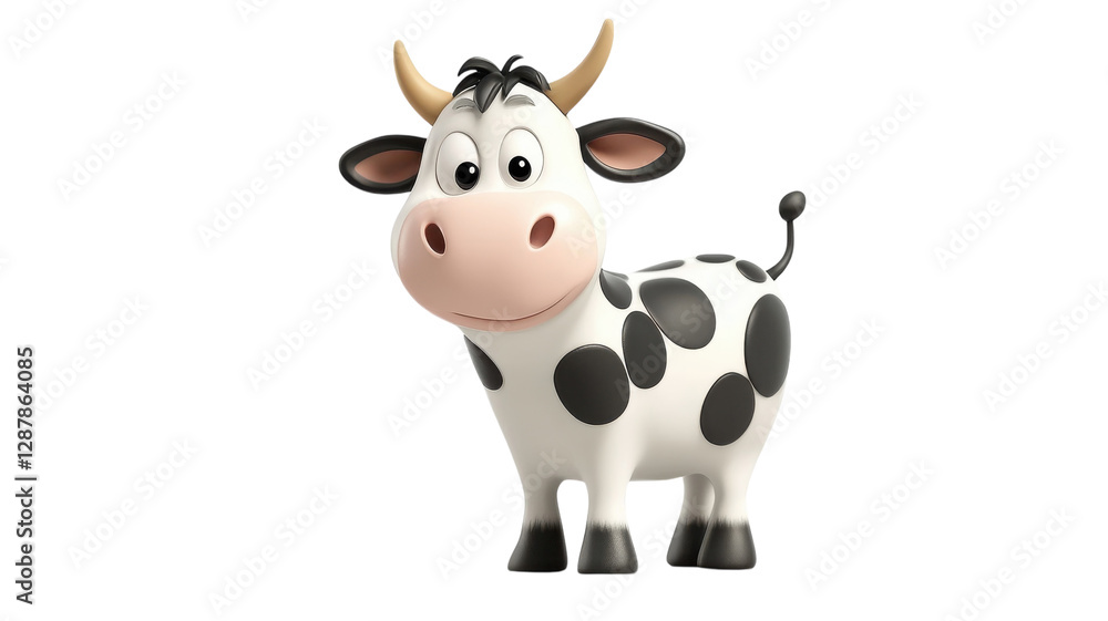 Cute cartoon cow with black spots standing cheerfully on a white background ready for playful adventures Cute cartoon cow with black spots standing cheerfully on a white background ready for playful adventures