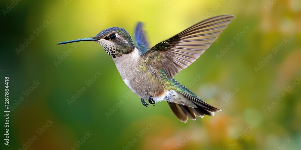 Fototapeta premium Hummingbird mid-flight, wings spread with delicate details.