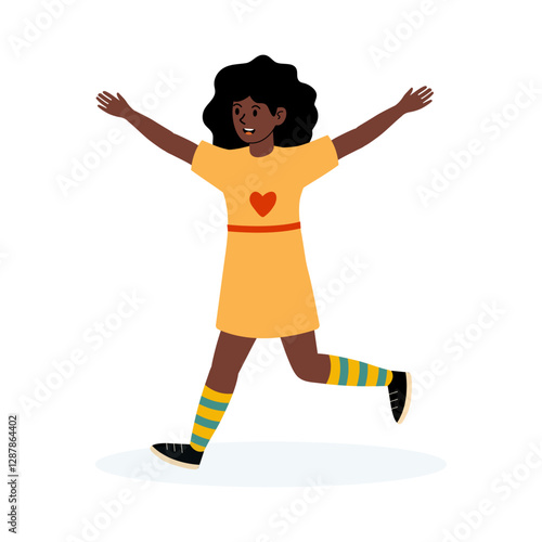 Girl in a yellow dress joyfully running with arms open in a playful manner