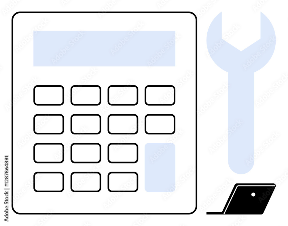 Black and white line drawing of a calculator, wrench, and laptop. Ideal for finance, repairs, technology, calculations, digital tools productivity problem-solving. Abstract line flat metaphor Black and white line drawing of a calculator, wrench, and laptop. Ideal for finance, repairs, technology, calculations, digital tools productivity problem-solving. Abstract line flat metaphor