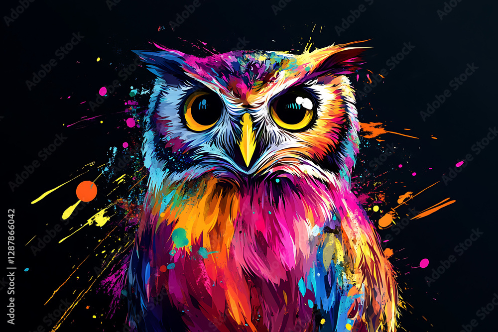 A vibrant, colorful owl illustration with splashes of paint, showcasing artistic expression. A vibrant, colorful owl illustration with splashes of paint, showcasing artistic expression.