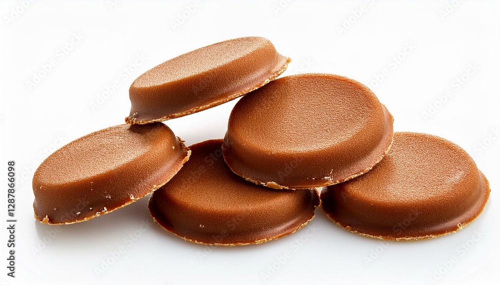 crunchy freeze dried milk chocolate covered caramel disks isolated on white background crunchy freeze dried milk chocolate covered caramel disks isolated on white background