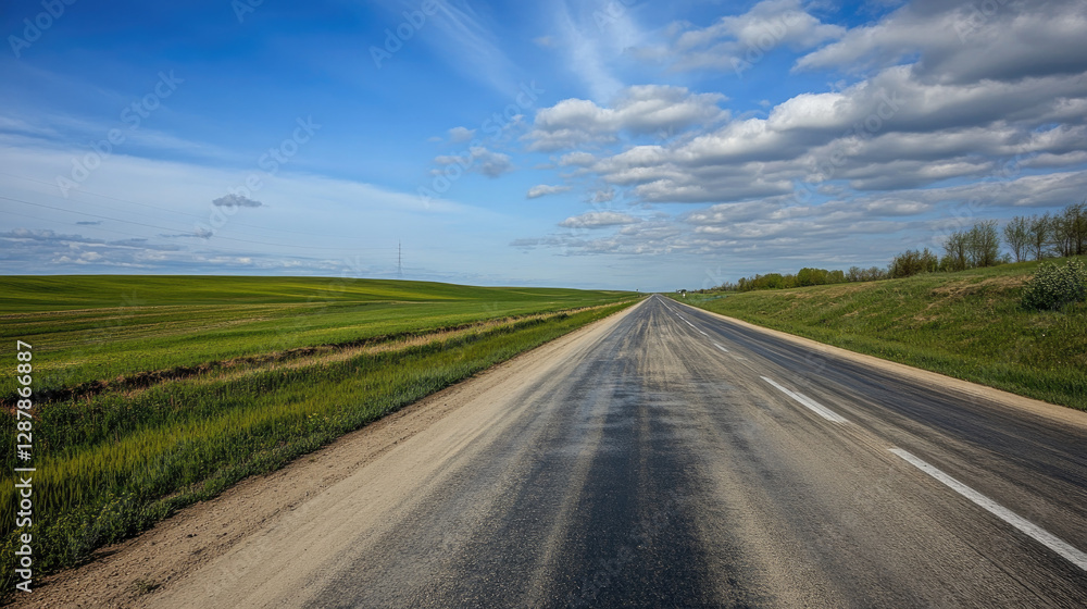 Wide road into distance, flanked by green fields and blue sky. High-definition, horizontal composition. Serene beauty. Wide road into distance, flanked by green fields and blue sky. High-definition, horizontal composition. Serene beauty.