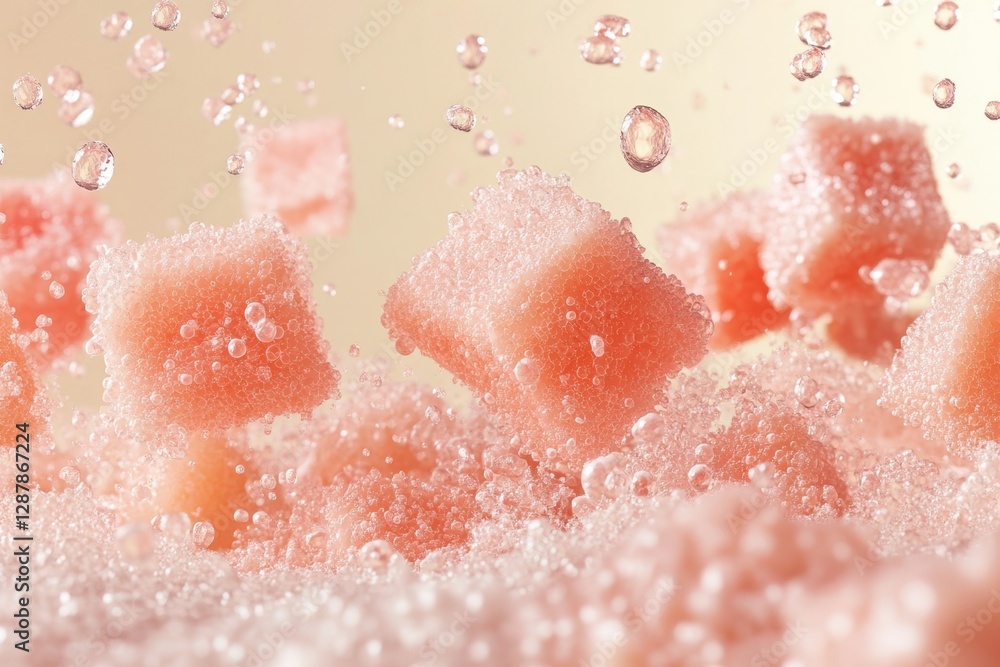 Fototapeta premium Cubes of pink sugar with bubbles and soft pink background