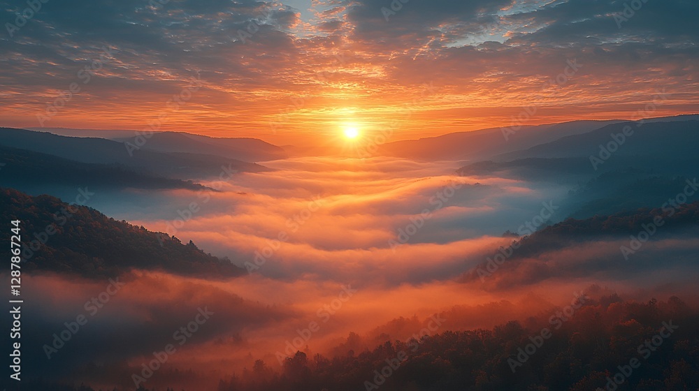 Foggy valley view at sunrise with vibrant colors and soft clouds during golden hour Foggy valley view at sunrise with vibrant colors and soft clouds during golden hour