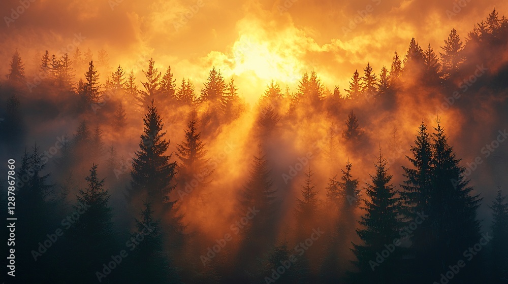 Sunset over a foggy forest with golden mist rising in a serene natural landscape Sunset over a foggy forest with golden mist rising in a serene natural landscape