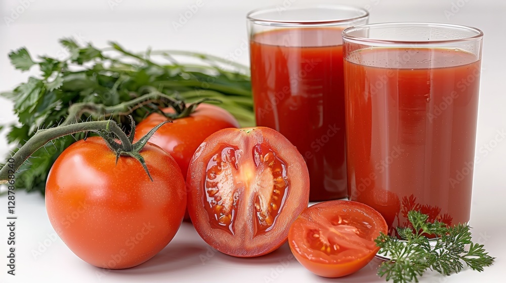 Fresh tomato juice with whole tomatoes and greens on a table Fresh tomato juice with whole tomatoes and greens on a table