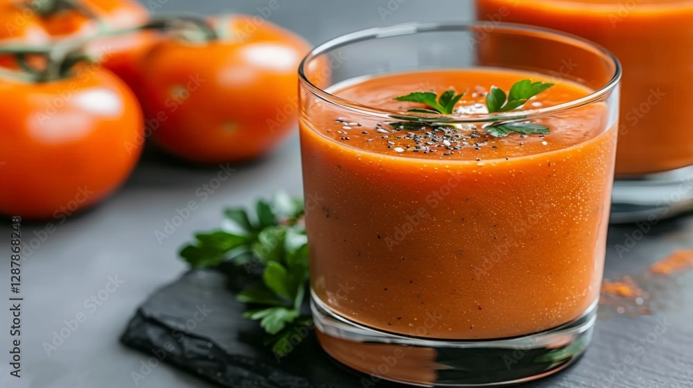 Fresh tomato juice in glass with parsley garnish on slate surface Fresh tomato juice in glass with parsley garnish on slate surface