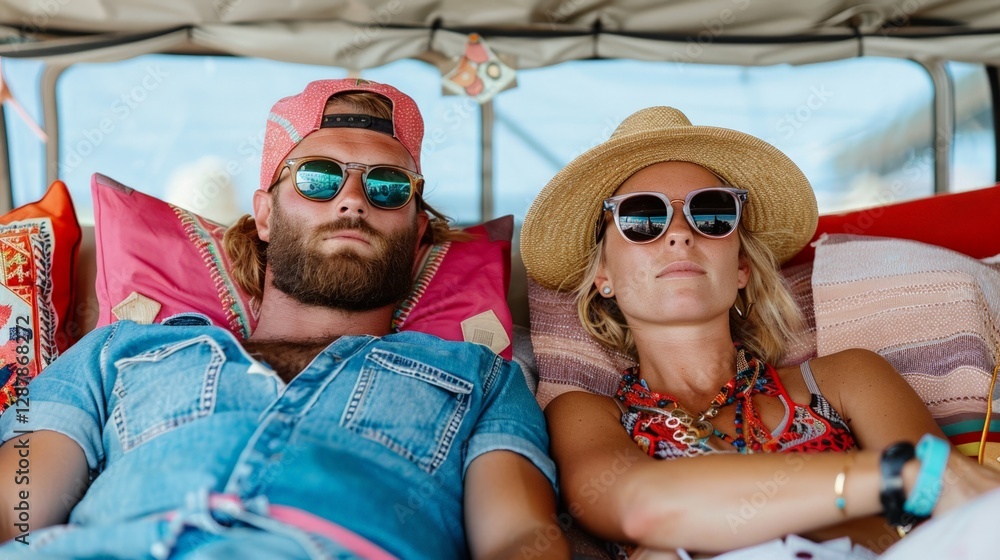 Relaxed caucasian couple sunbathing on colorful cushioned deck in summer vibes