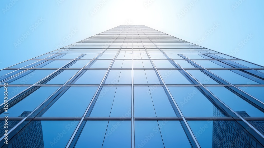 Fototapeta premium Tall Modern Skyscraper Reaching Towards Bright Blue Sky