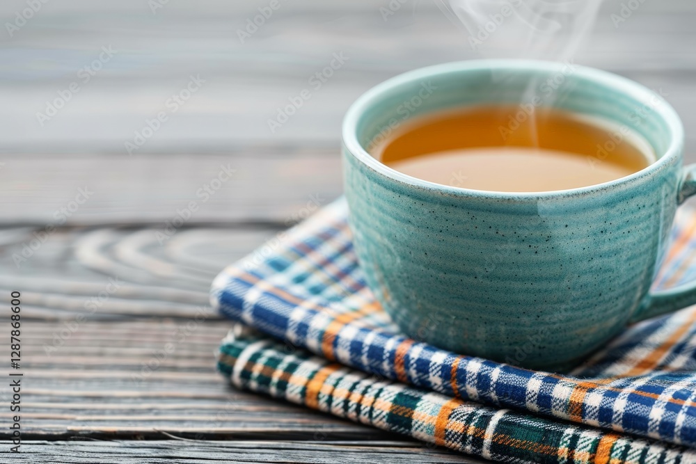 Steaming hot tea in ceramic cup on plaid napkin on rustic wooden table Steaming hot tea in ceramic cup on plaid napkin on rustic wooden table