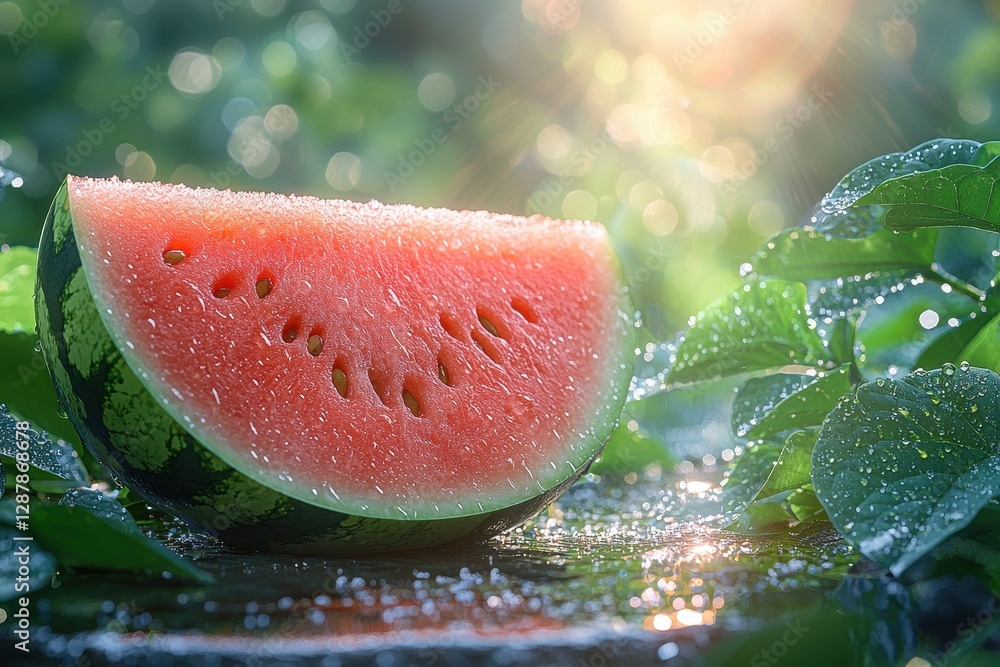 Juicy Watermelon Slice on Dew-Covered Leaves in Sunlight Juicy Watermelon Slice on Dew-Covered Leaves in Sunlight