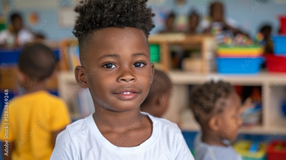 Smiling african child in classroom setting with peers in background Smiling african child in classroom setting with peers in background