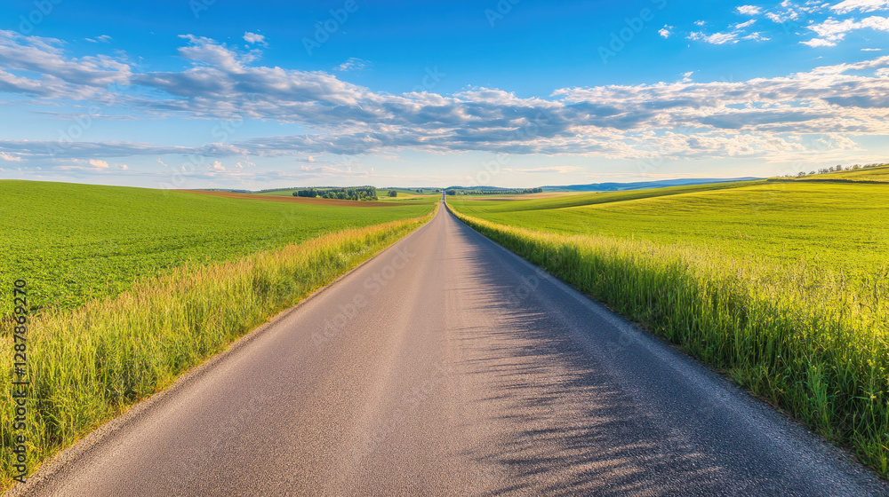 Wide road into distance, flanked by green fields and blue sky. High-definition, horizontal composition. Serene beauty. Wide road into distance, flanked by green fields and blue sky. High-definition, horizontal composition. Serene beauty.
